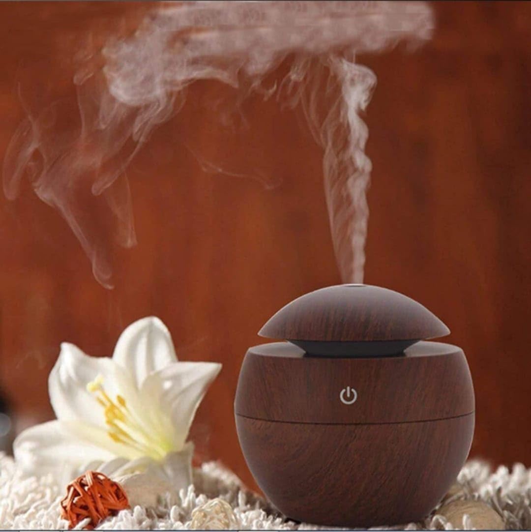 Wooden Style Ultrasonic Cool Mist Humidifier for Room Moisture| Aroma Diffuser| Essential Oil Diffuser| Perfume Fragrance Freshener| Colourful Light| Auto Shut-Off| Car, Room Moisture| 200ml| Black
