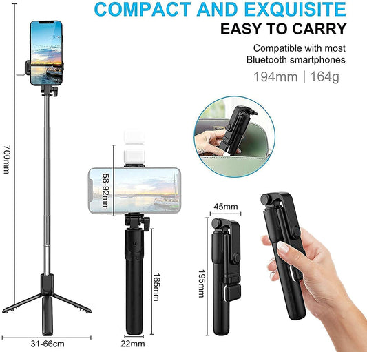 TYROCX R1s Latest Bluetooth Selfie Sticks with Remote and Selfie Light, 3-in-1 Multifunctional Selfie Stick Tripod Stand Mobile Stand Compatible with All Phones (Black) Pack f 1