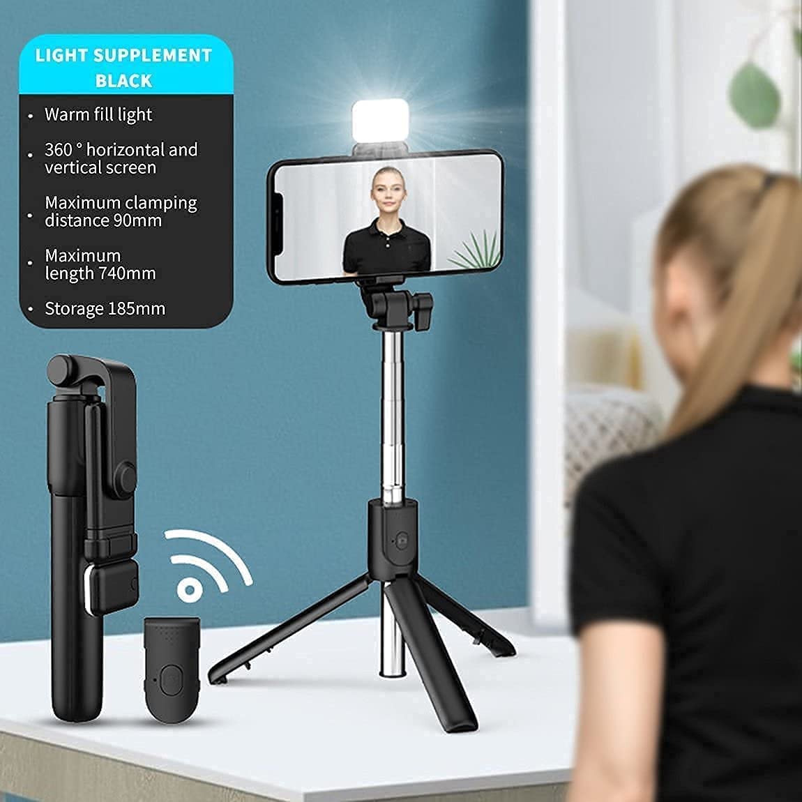 TYROCX R1s Latest Bluetooth Selfie Sticks with Remote and Selfie Light, 3-in-1 Multifunctional Selfie Stick Tripod Stand Mobile Stand Compatible with All Phones (Black) Pack f 1