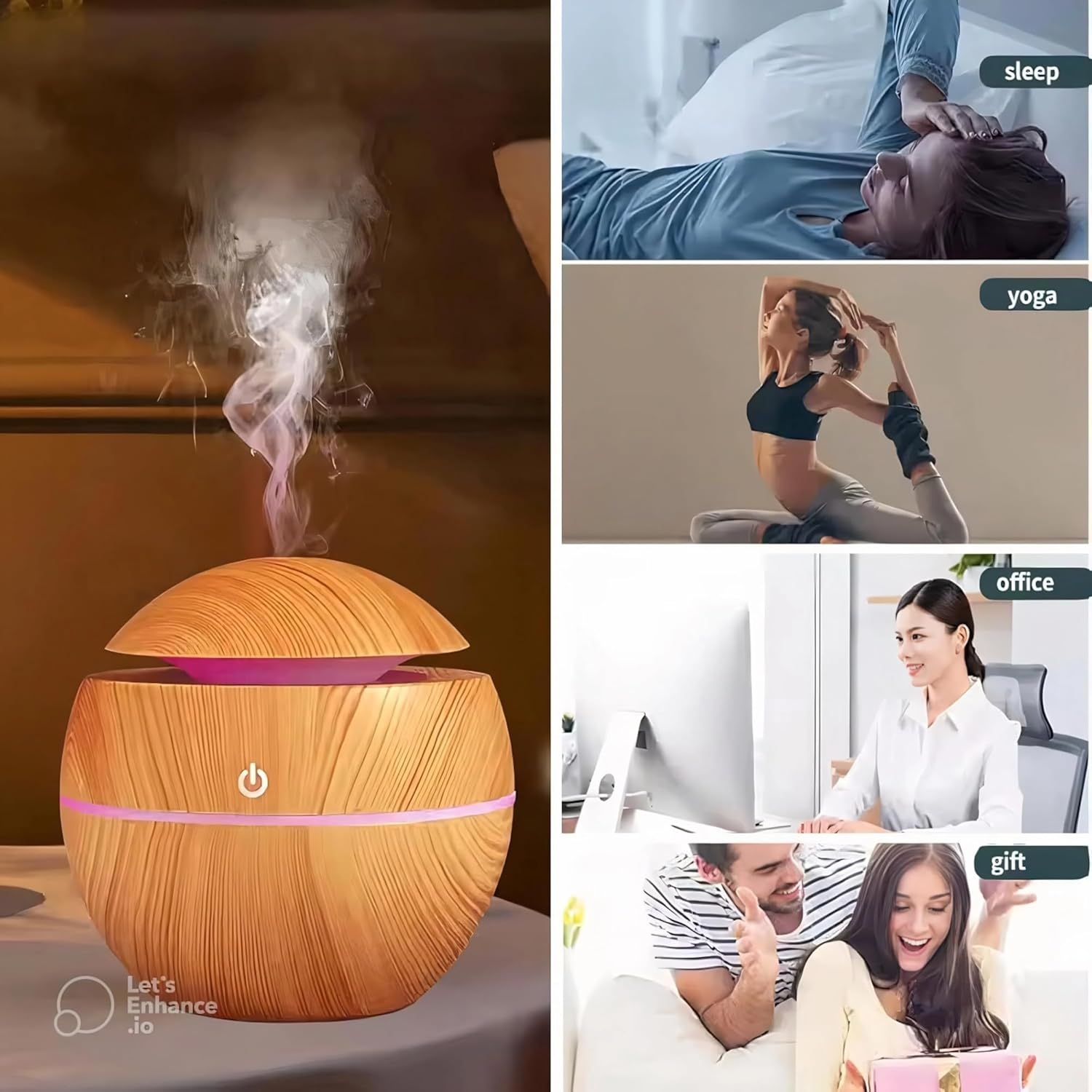 Wooden Style Ultrasonic Cool Mist Humidifier for Room Moisture| Aroma Diffuser| Essential Oil Diffuser| Perfume Fragrance Freshener| Colourful Light| Auto Shut-Off| Car, Room Moisture| 200ml| Black