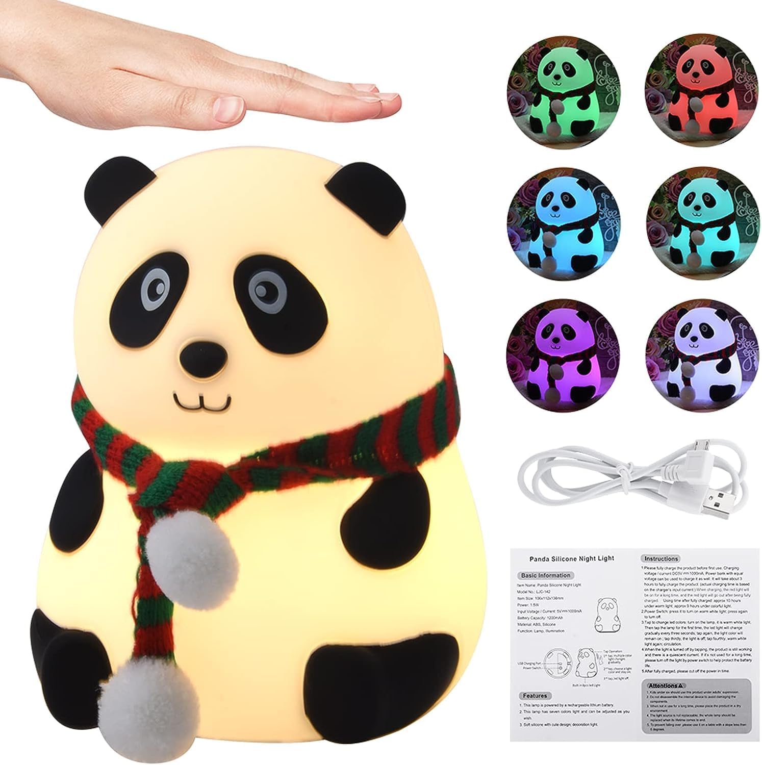 NYRWANA Panda Lamp, Panda Light, Night Lamp for Bedroom, Panda Night Lamp, Night Lamp for Kids, Valentine Gift for Girlfriend, BPA-Free Silicone Lamp, Rechargeable, Open Eye (Multicolor)