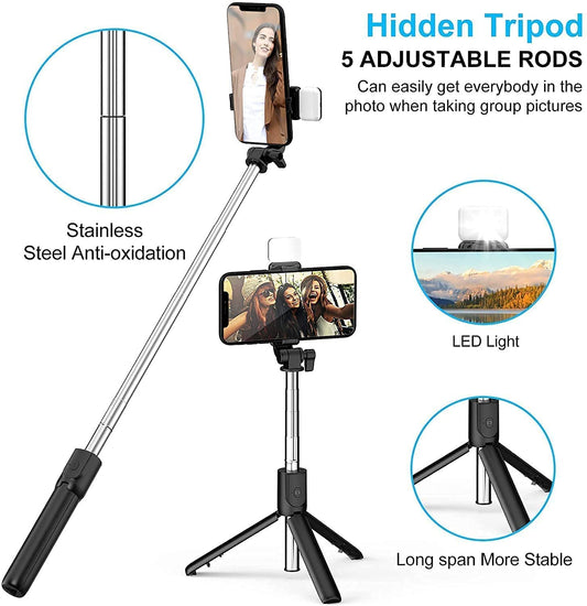TYROCX R1s Latest Bluetooth Selfie Sticks with Remote and Selfie Light, 3-in-1 Multifunctional Selfie Stick Tripod Stand Mobile Stand Compatible with All Phones (Black) Pack f 1
